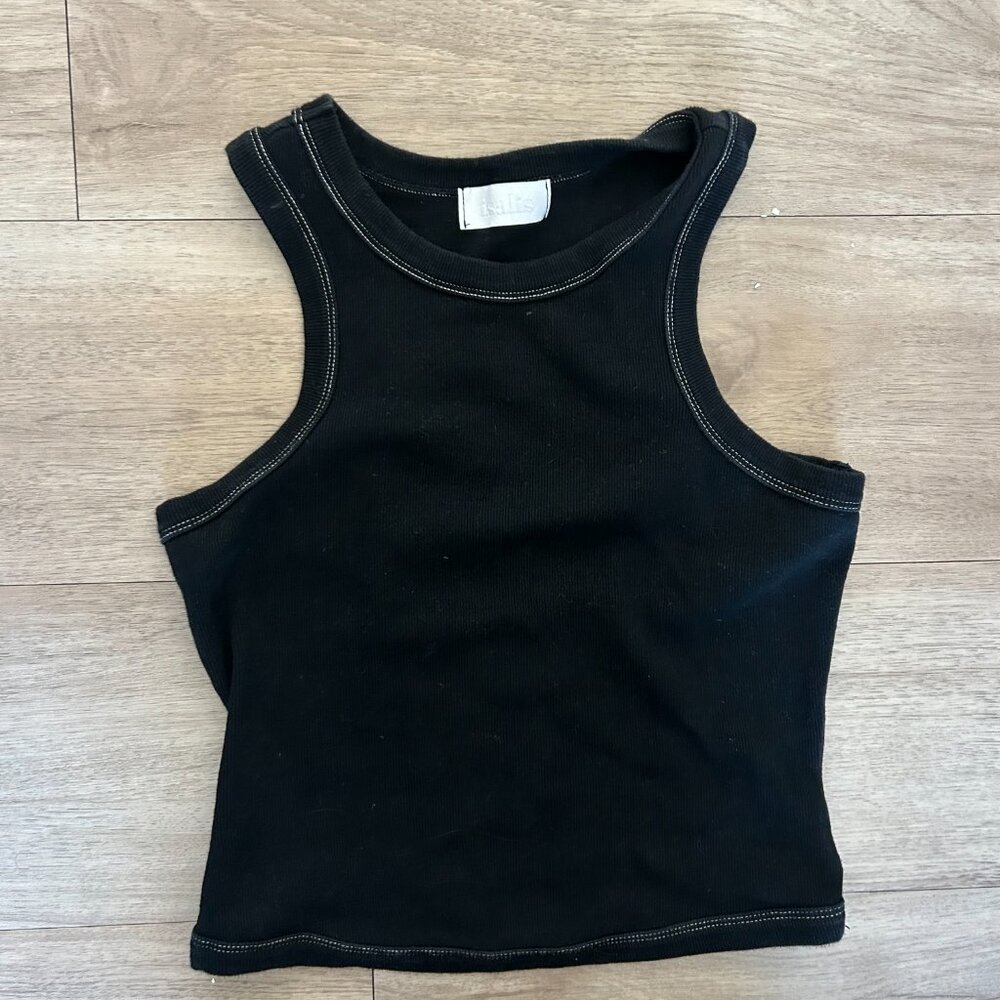 Isalis Black knit ribbed tank with white stitching